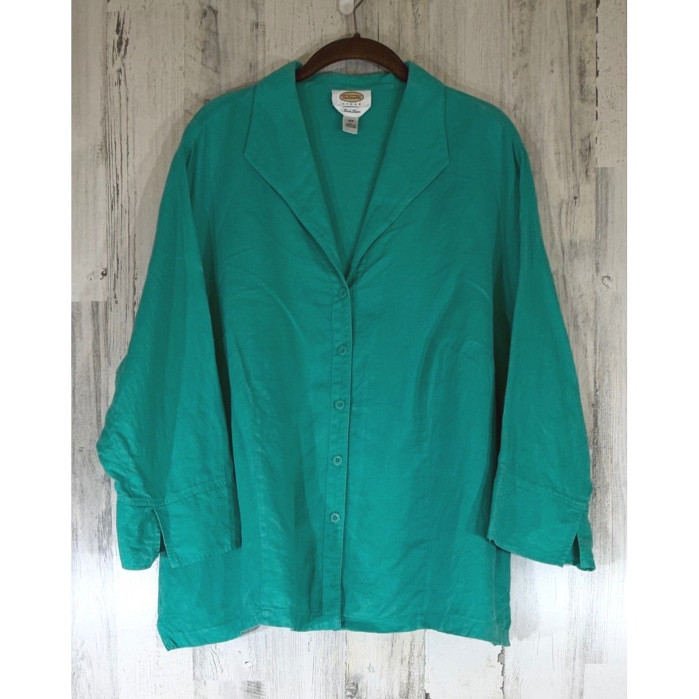 Talbots Irish Linen Button Up Blouse Top 18W Teal Green 3/4 Sleeve Vneck Coastal